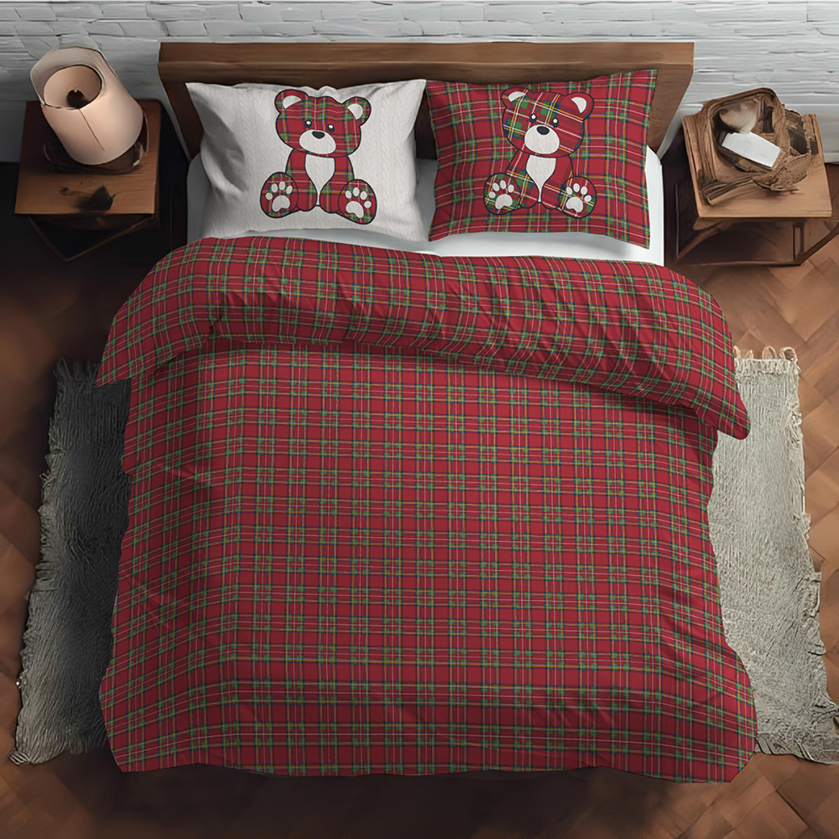 Parure copripiumino orsetto tartan inverno rosso 100% cotone