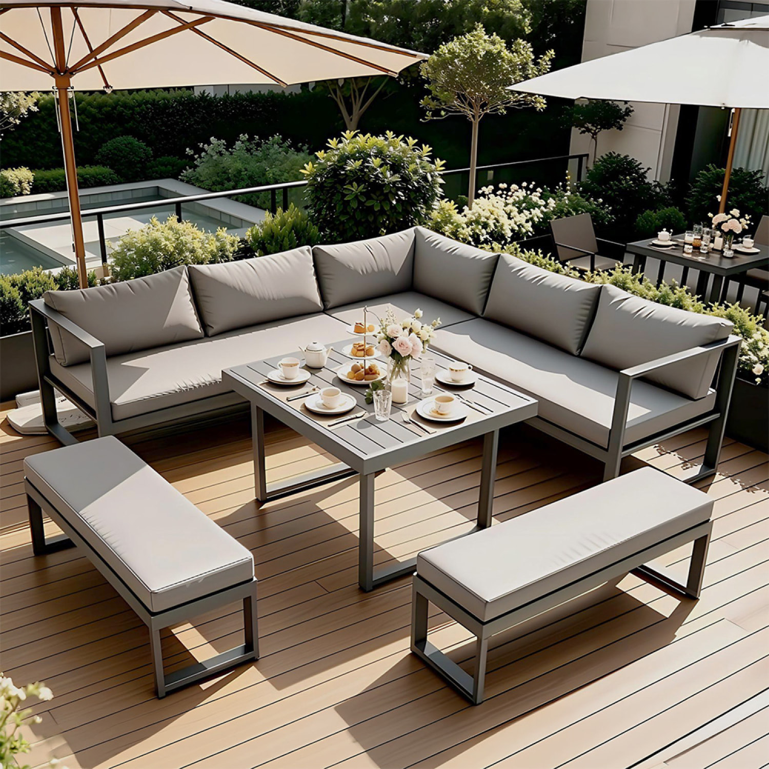 Salon de jardin gris foncé 7-9 places canapé + 2 bancs SATIPO