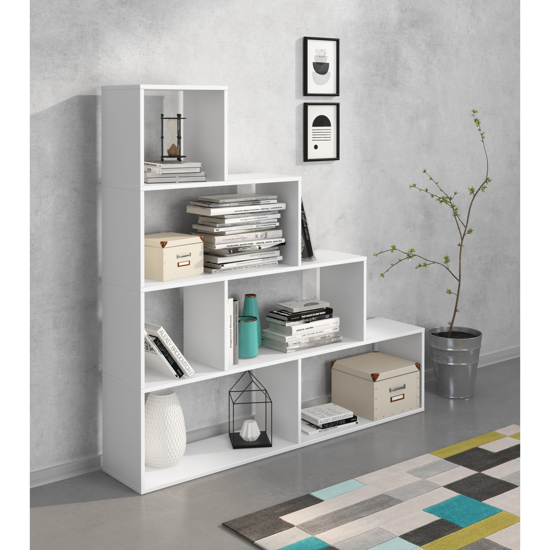 Libreria Design Zig Zag Scaffale Mensola Moderna 6 Vani A Giorni Ripiani Mobile Libri per Soggiorno Salotto Camera Studio 143x144.9x27.9 Cm Bianco