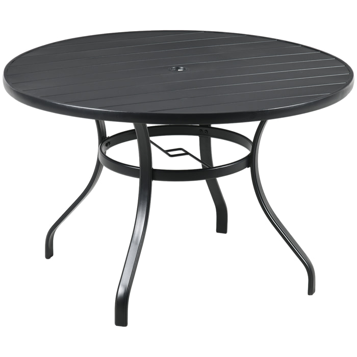 Mesa Jardín Exterior Redonda de Acero Ø115x72 cm Mesa Terraza Exterior con Tablero de listones Agujero para Sombrilla Estable Resistente a la Intemperie Fácil de Montar Negro