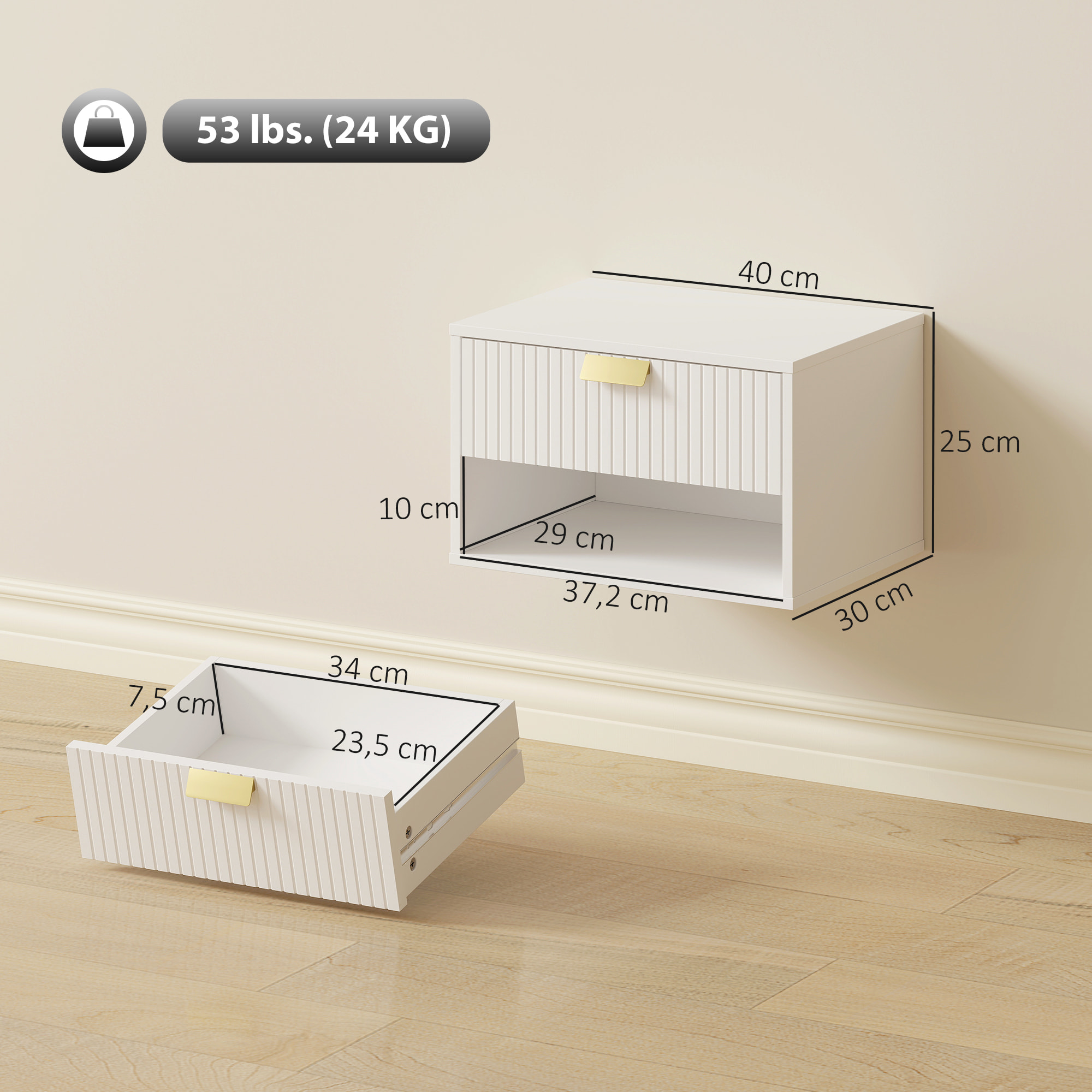 Juego de 2 Mesitas de Noche Flotantes, Mesillas de Noche con Cajón con Frente Ondulado y Estante Abierto, Diseño Moderno, 40x30x25 cm, Blanco