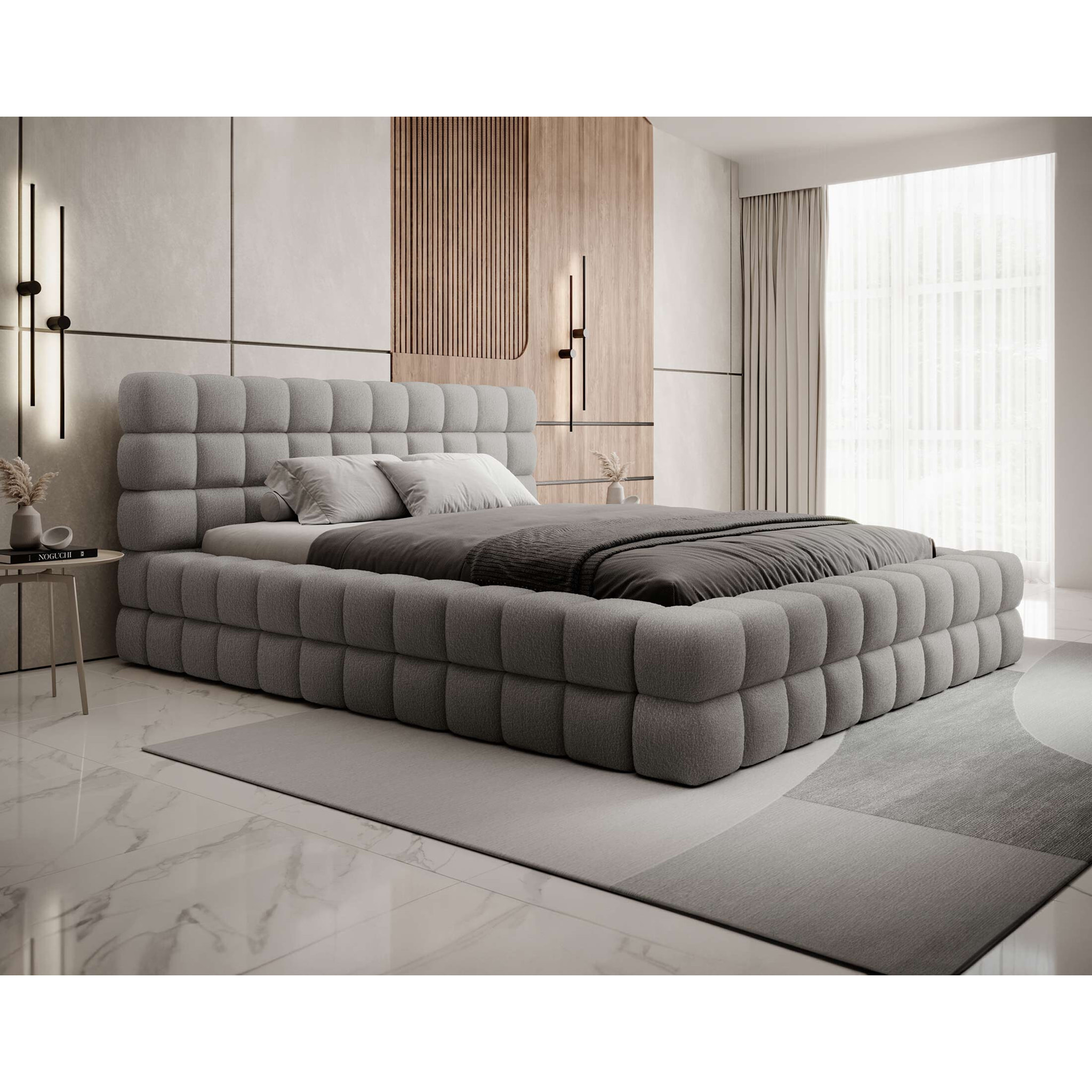 Kingston - lit coffre - 160x200 - sommier inclus - en tissu bouclette - Gris