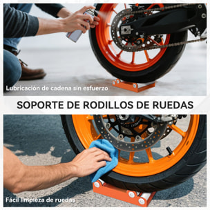 Soporte Rodillo Moto, Soporte Rodillo Limpieza Ruedas, para Limpieza de Neumáticos y Lubricación de Cadenas, para Moto < 220 kg y Ancho de Neumático <180 mm, Naranja