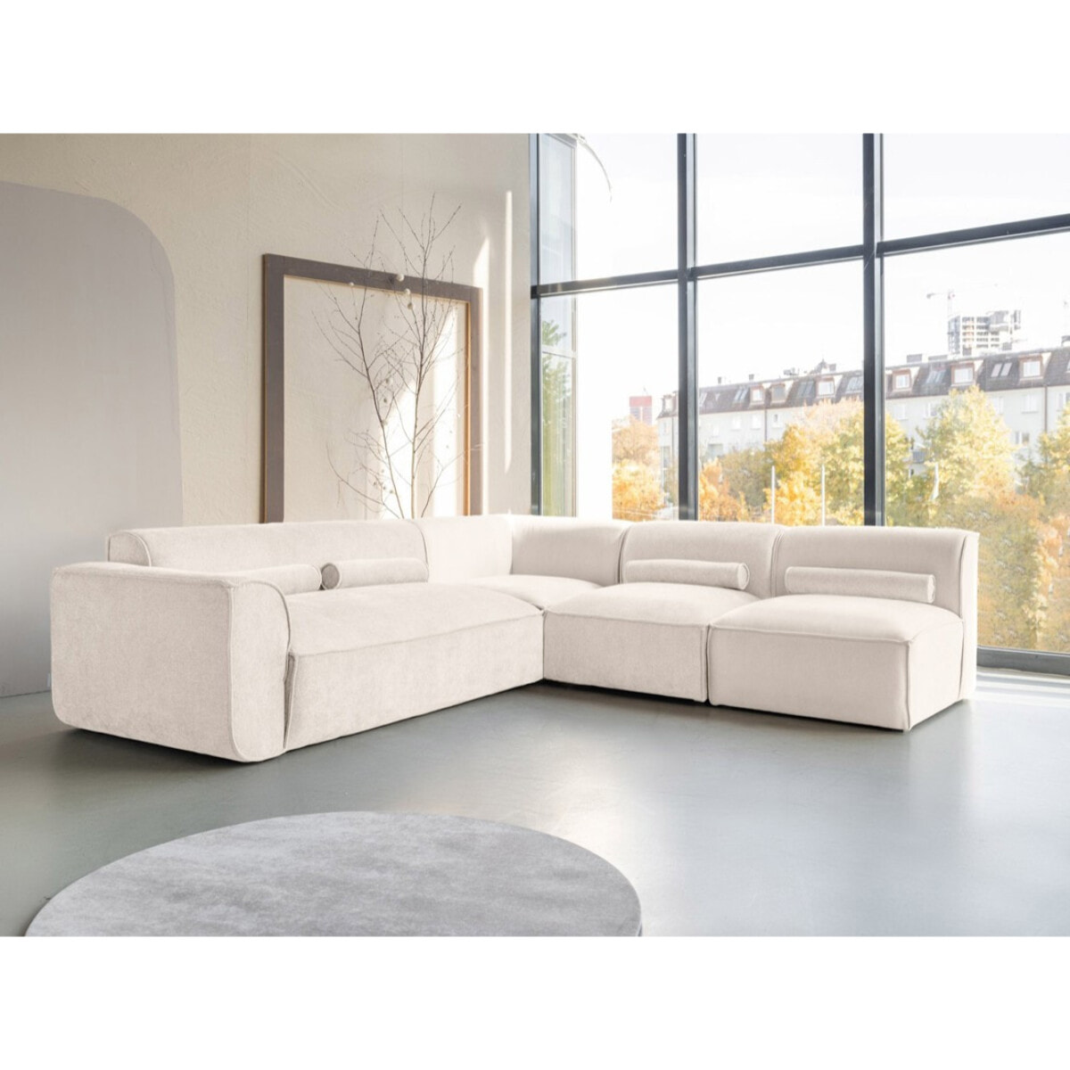 Felix - canapé modulable d'angle droit 5 places en tissu texturé - Beige