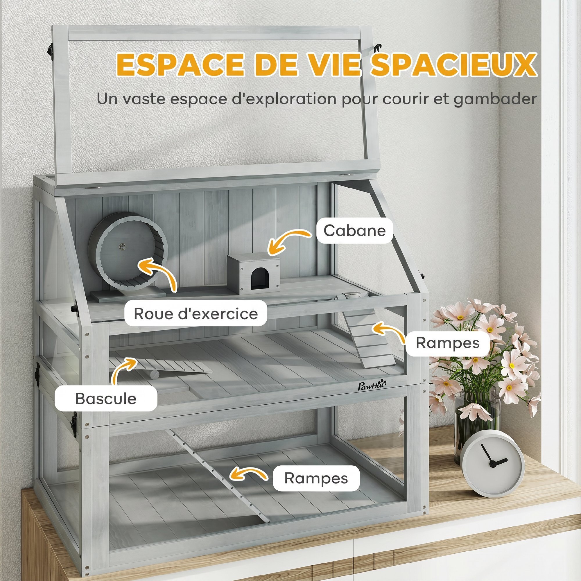 Cage rongeur hamster en bois dim.80x50x76cm 3 niveaux rampes roue bascule cabane gris