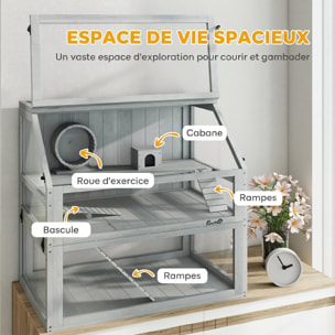 Cage rongeur hamster en bois dim.80x50x76cm 3 niveaux rampes roue bascule cabane gris