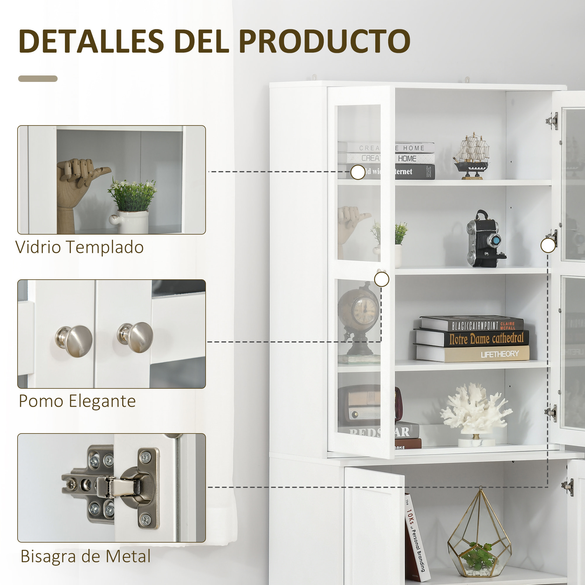 Vitrina Armario de Libros con 4 Puertas y Estantes Ajustables Estilo Moderno Armario de Cocina para Salón Cocina Oficina Dormitorio 76x40x178,5 cm Blanco