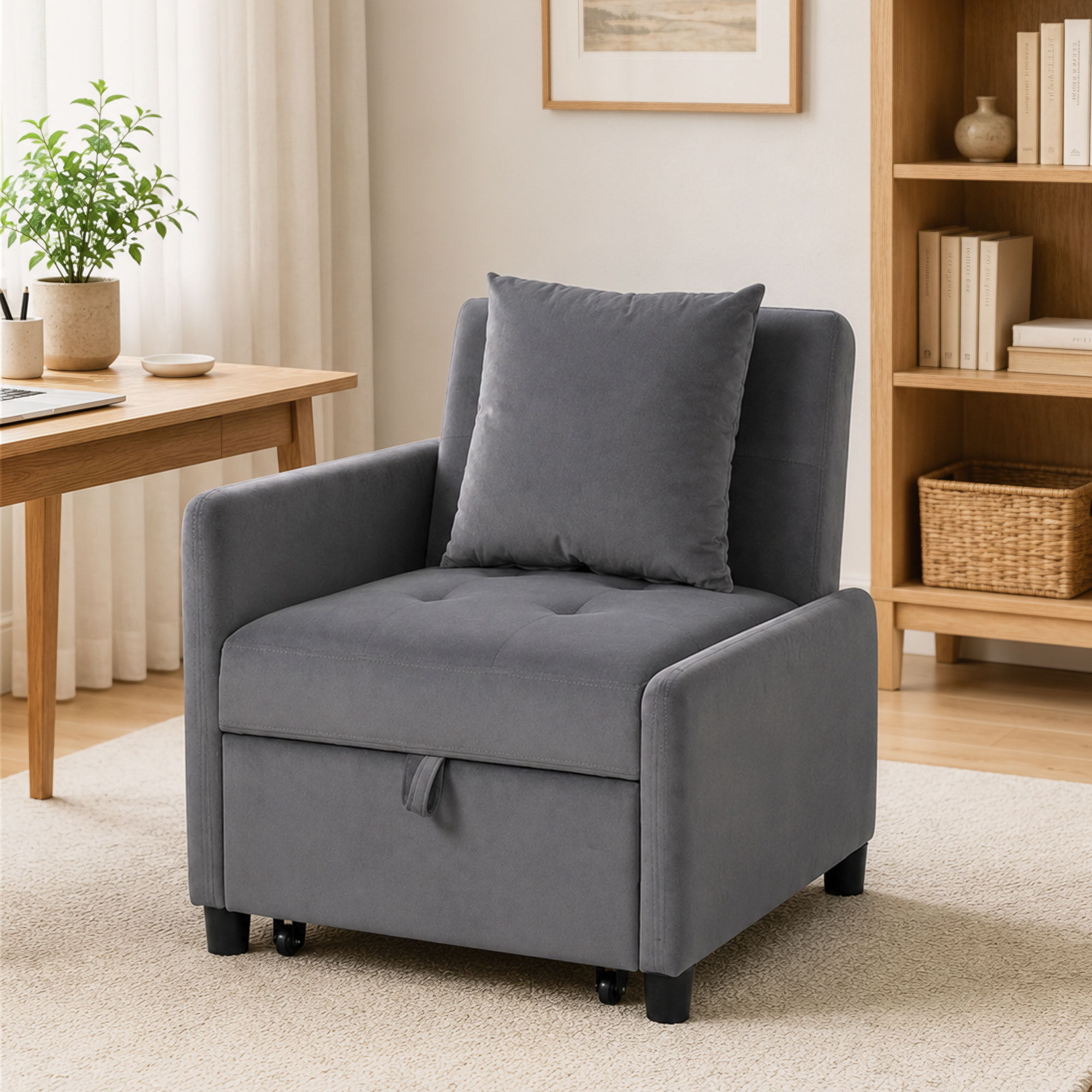 Sofá Cama 1 Plaza Convertible 4 en 1, Sillón Cama Plegable, Tapizado en Terciopelo, Respaldo Ajustable, Almohada con Funda Lavable, para Salón, 72,5x89,5x83 cm, Gris Oscuro