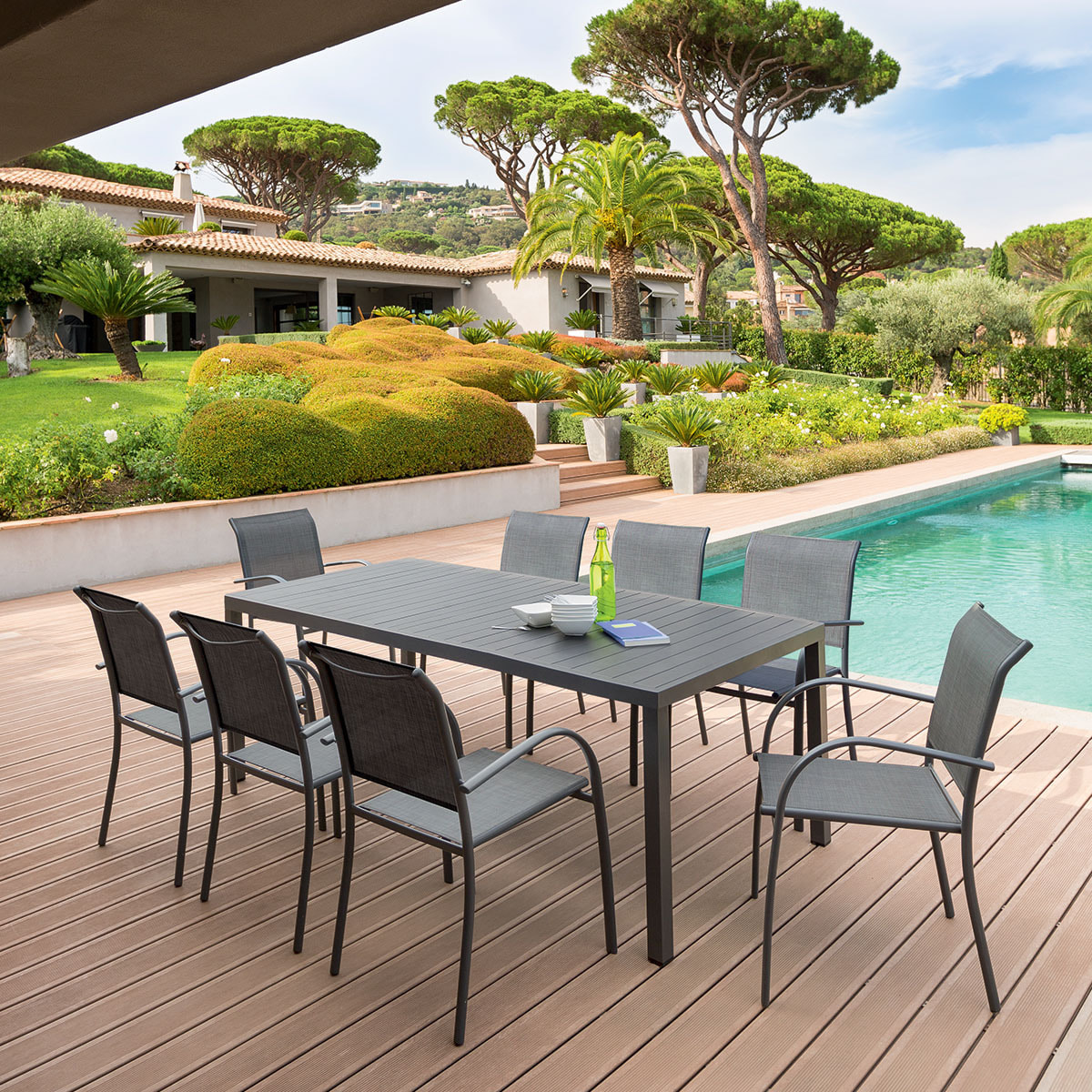 Table de jardin rectangulaire "Piazza" graphite 8 places en aluminium traité époxy