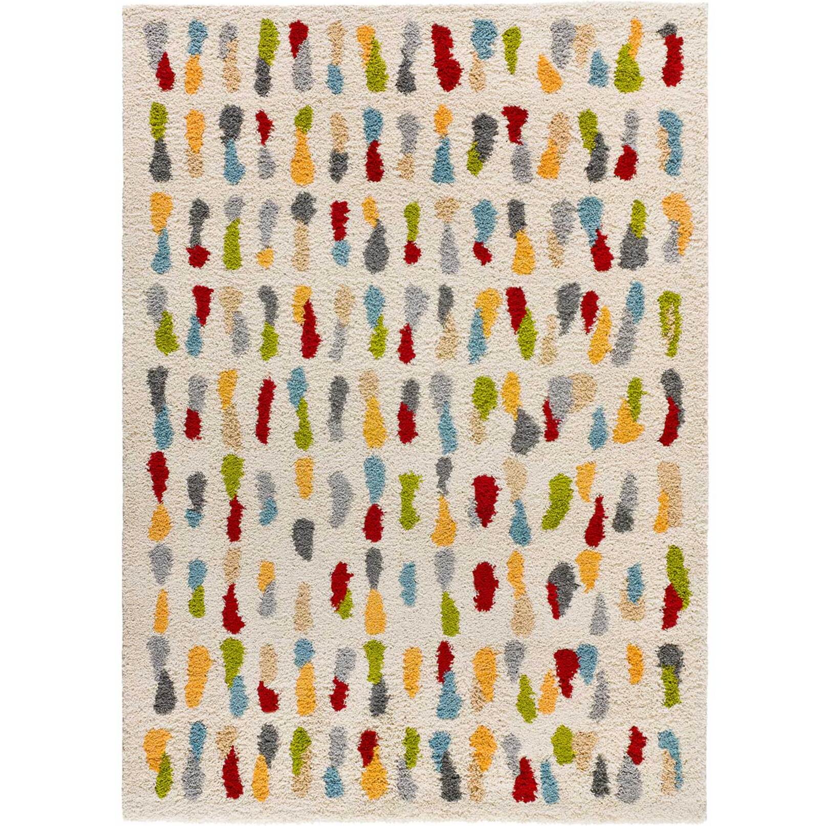 BREMEN Alfombra shaggy geométrica en blanco y motivos multicolor, varias medidas disponibles