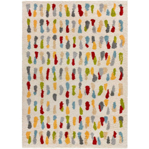 BREMEN Alfombra shaggy geométrica en blanco y motivos multicolor, varias medidas disponibles