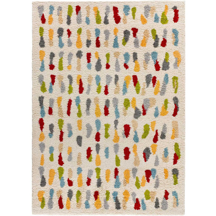 BREMEN Alfombra shaggy geométrica en blanco y motivos multicolor, varias medidas disponibles