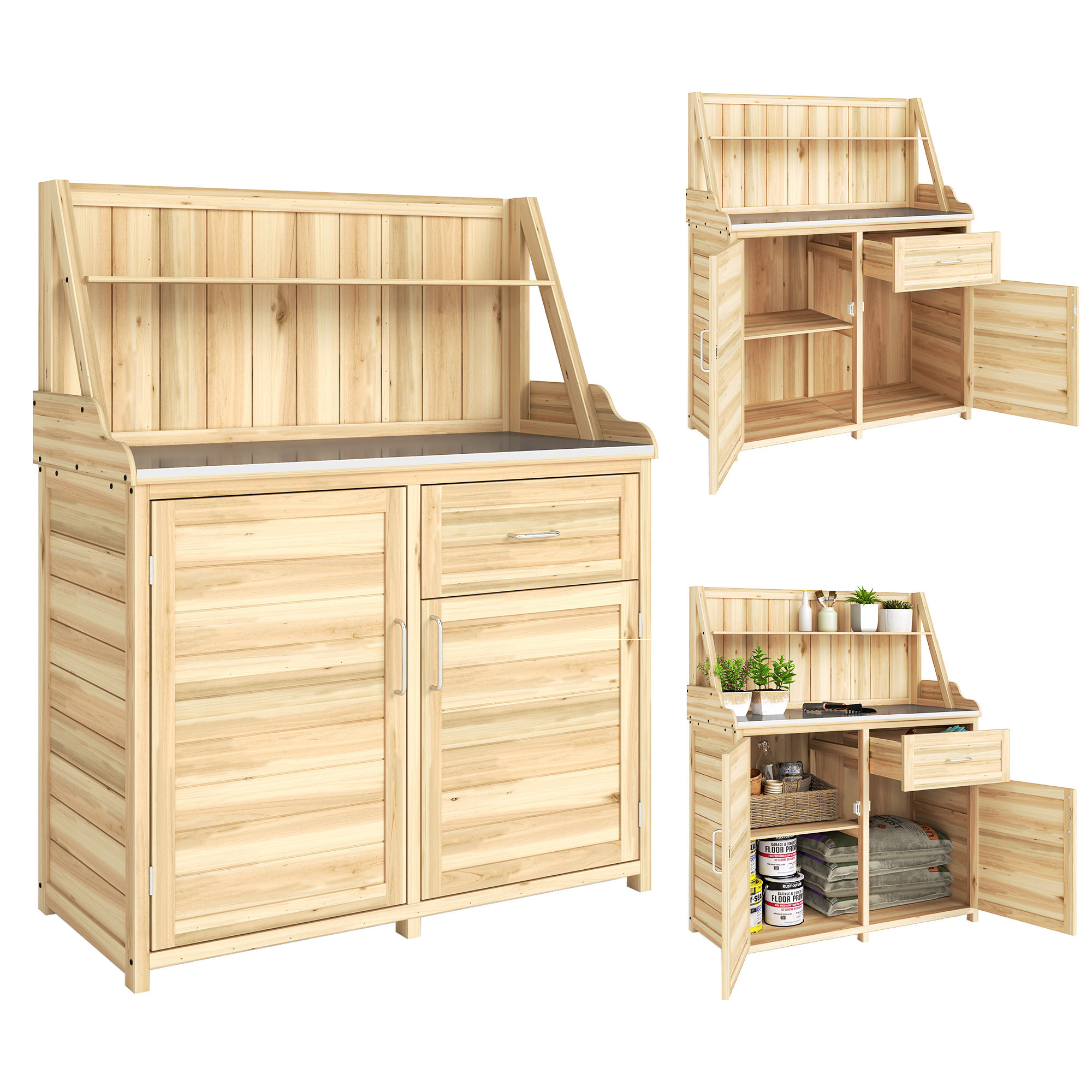 Armoire de jardin table de rempotage 2 en 1 - 2 portes, étagères, plateau acier