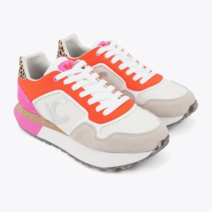 Scarpa sportiva con plateau tricolore in tessuti abbinati e dettagli in pelle