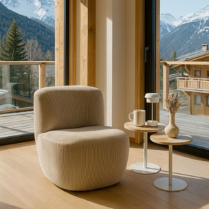 Fauteuil en tissu bouclette beige et structure en bois CÔME