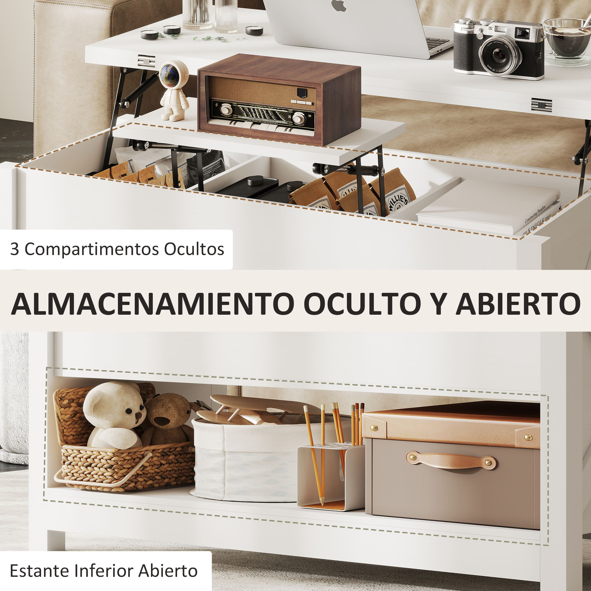 Mesa de Centro Elevable y Extensible, Mesa de Salón con Compartimentos Ocultos, Estante Abierto, para Comedor, Oficina, 100x90x64 cm, Blanco