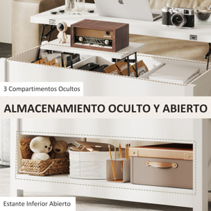 Mesa de Centro Elevable y Extensible, Mesa de Salón con Compartimentos Ocultos, Estante Abierto, para Comedor, Oficina, 100x90x64 cm, Blanco
