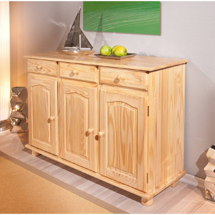 Credenza a tre ante e tre cassetti, colore marrone, cm 130 x 87 x 43.