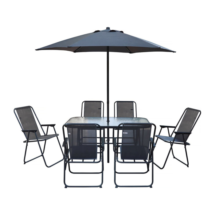 Table et chaises de jardin avec parasol en métal "Convivia" - 6 places - Gris anthracite