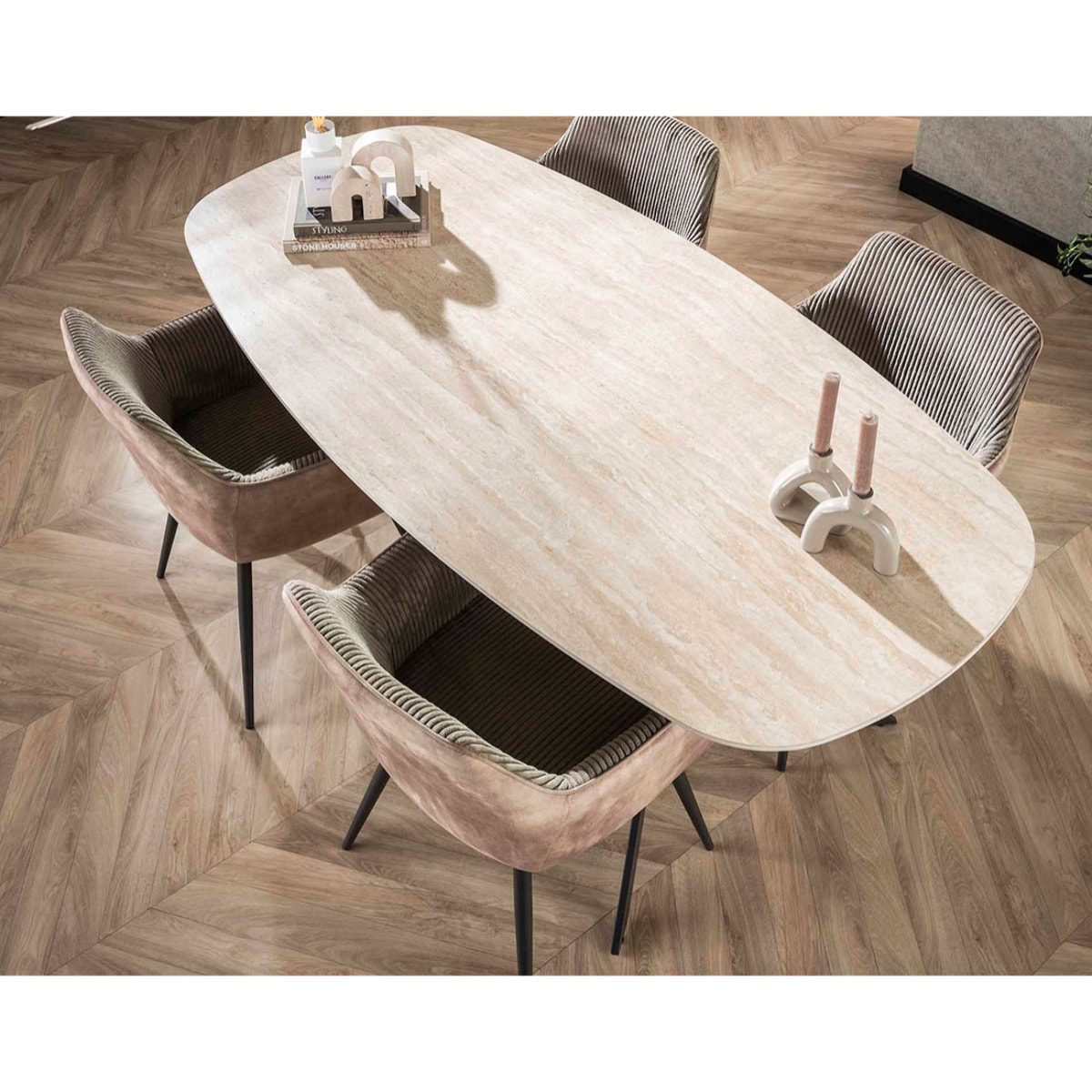 Ruben - table à manger - plateau en céramique effet travertin - pieds en acier - 4 à 6 personnes - Beige / Noir