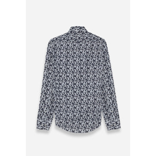 Camicia Uomo 1 Bottoni Button Down Slim Popeline Stampato Bianco e Blu