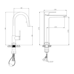Mood set mitigeur lavabo XL + mitigeur de cuisine Ceramia Timeless acier inoxydable, douchette extractible, noir mat (SATBM285C)
