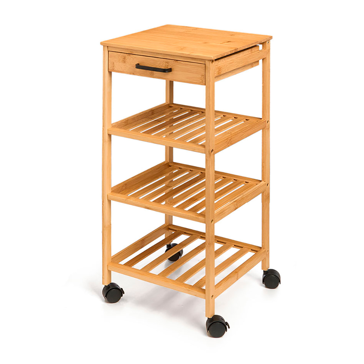 Carrello da cucina in bambù. Con 1 cassetto, 3 ripiani e 4 ruote.