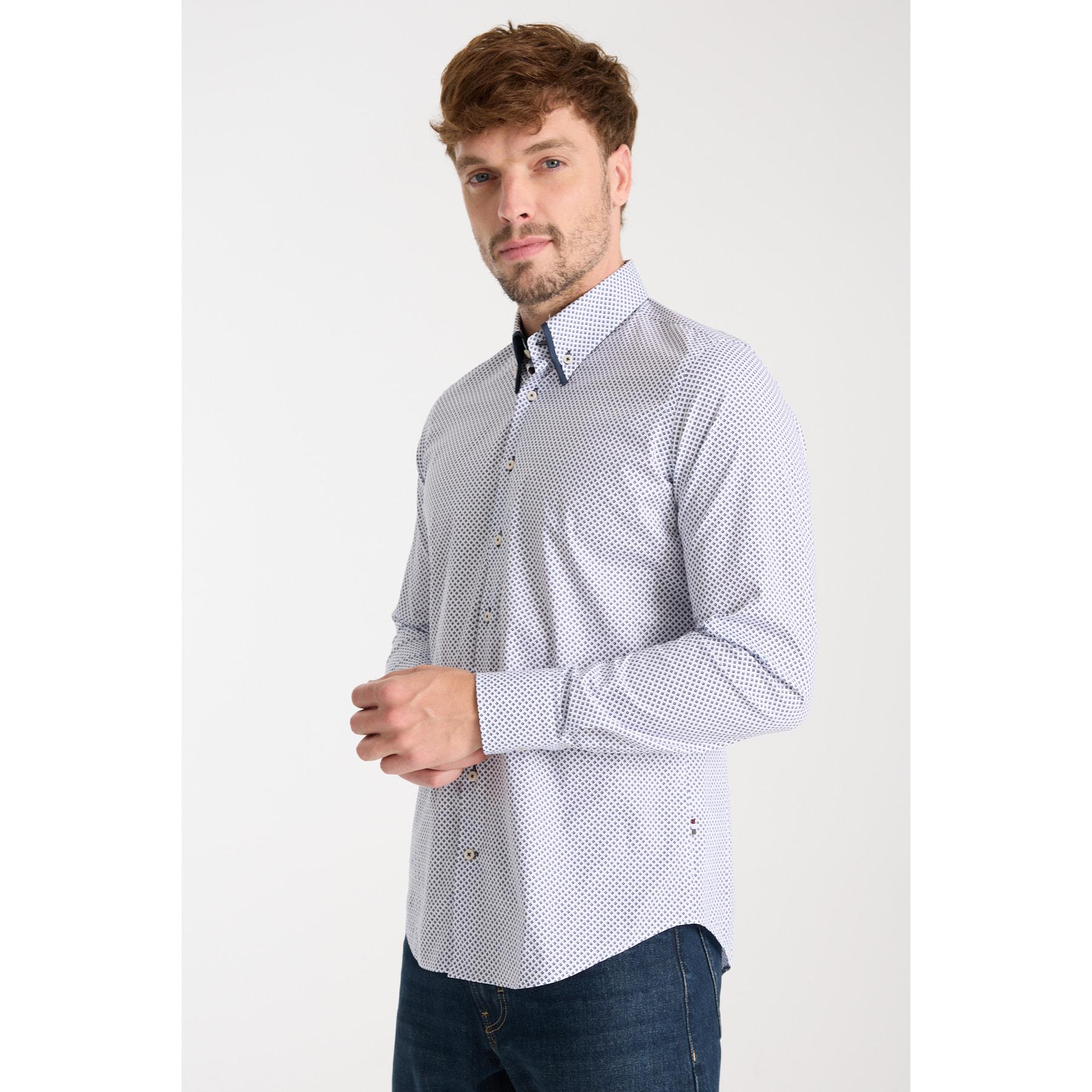 Camicia Uomo 2 Bottoni Button Down Doppio Coll Popeline Stretch Stampato Bianco e Blu