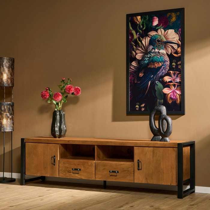 Meuble TV bois métal 2 portes 2 tiroirs MILORA