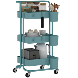 Carrito Auxiliar con Ruedas de 3 Niveles Carrito de Cocina con Mango 3 Cestas de Malla y 3 Cajas Colgantes Carro de Almacenamiento para Baño Salón 42x38x86,5 cm Azul Verdoso