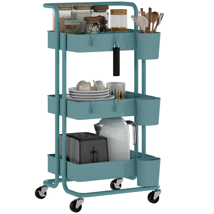 Carrito Auxiliar con Ruedas de 3 Niveles Carrito de Cocina con Mango 3 Cestas de Malla y 3 Cajas Colgantes Carro de Almacenamiento para Baño Salón 42x38x86,5 cm Azul Verdoso