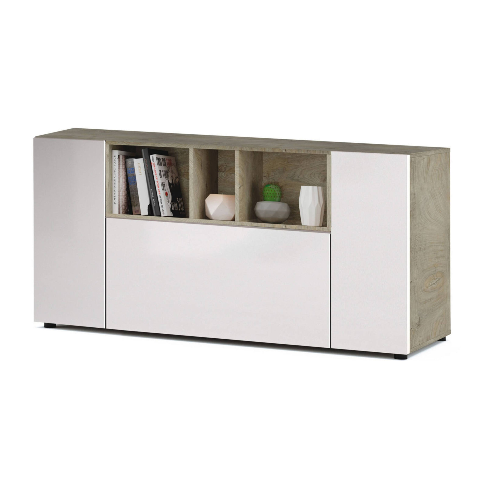 Credenza Paterson, Madia moderna a 3 ante, Buffet da soggiorno con scomparti, Madia da salotto, Mobile Porta TV, cm 150x41h76, Bianco e Rovere