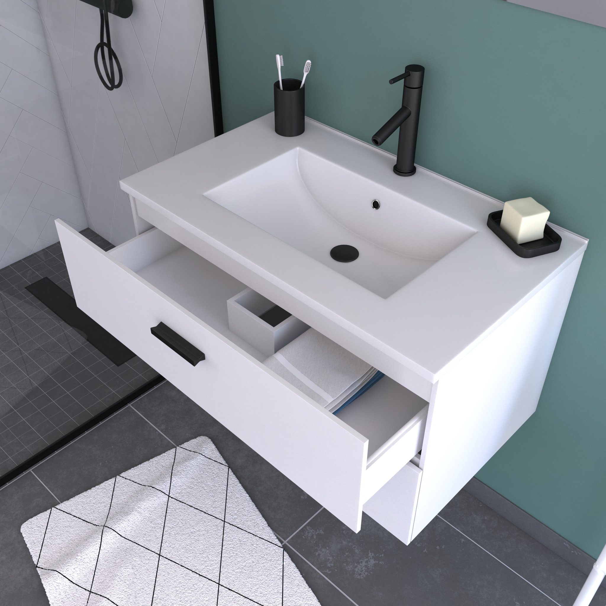 Meuble salle de bain 80 cm suspendu 2 tiroirs Blanc avec vasque et miroir - BOX-IN