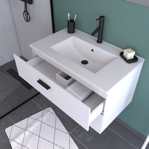 Meuble salle de bain 80 cm suspendu 2 tiroirs Blanc avec vasque et miroir - BOX-IN