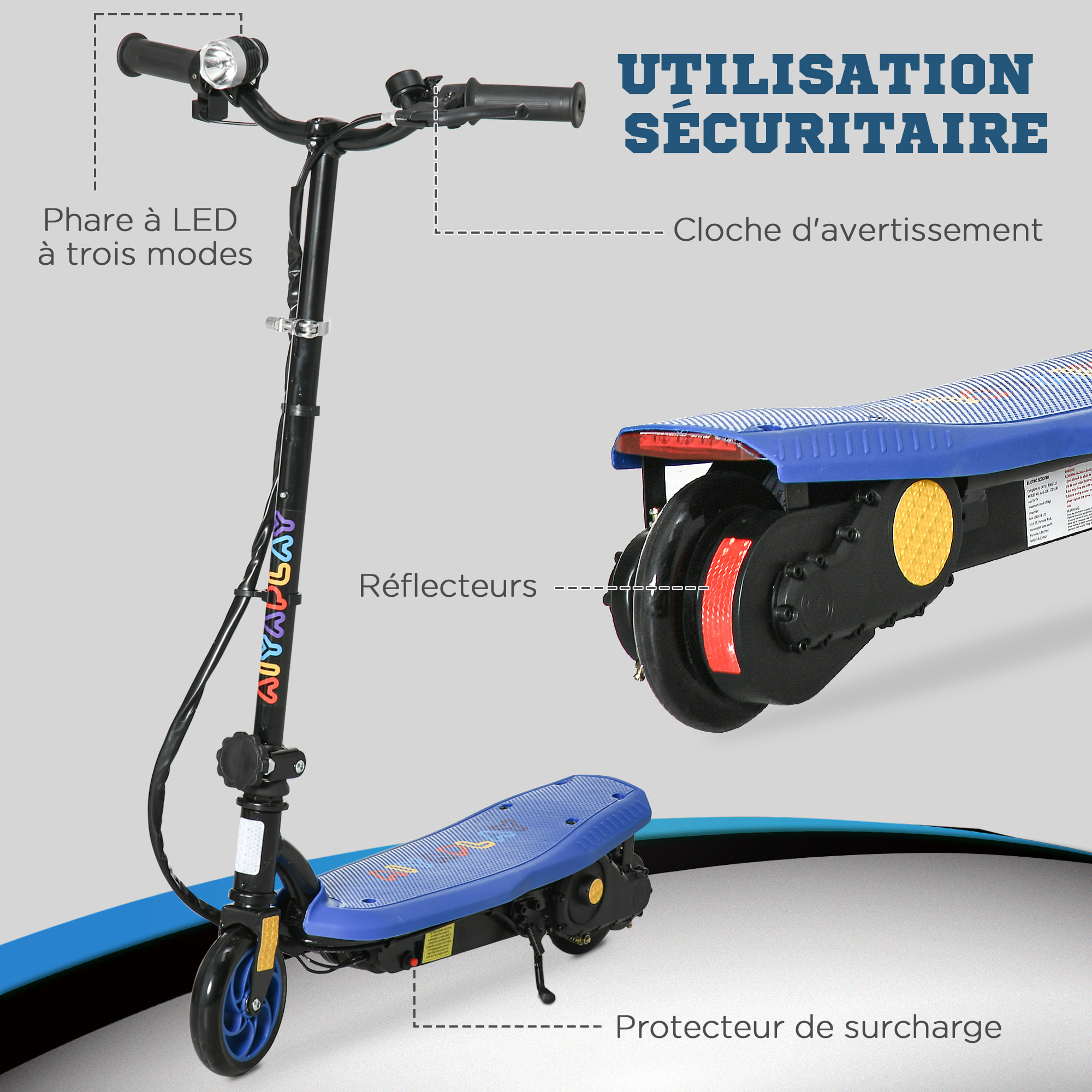 Trottinette électrique 120 W pliable pour enfant 7-14 ans 12 Km/h max. autonomie 10 Km max. bleu