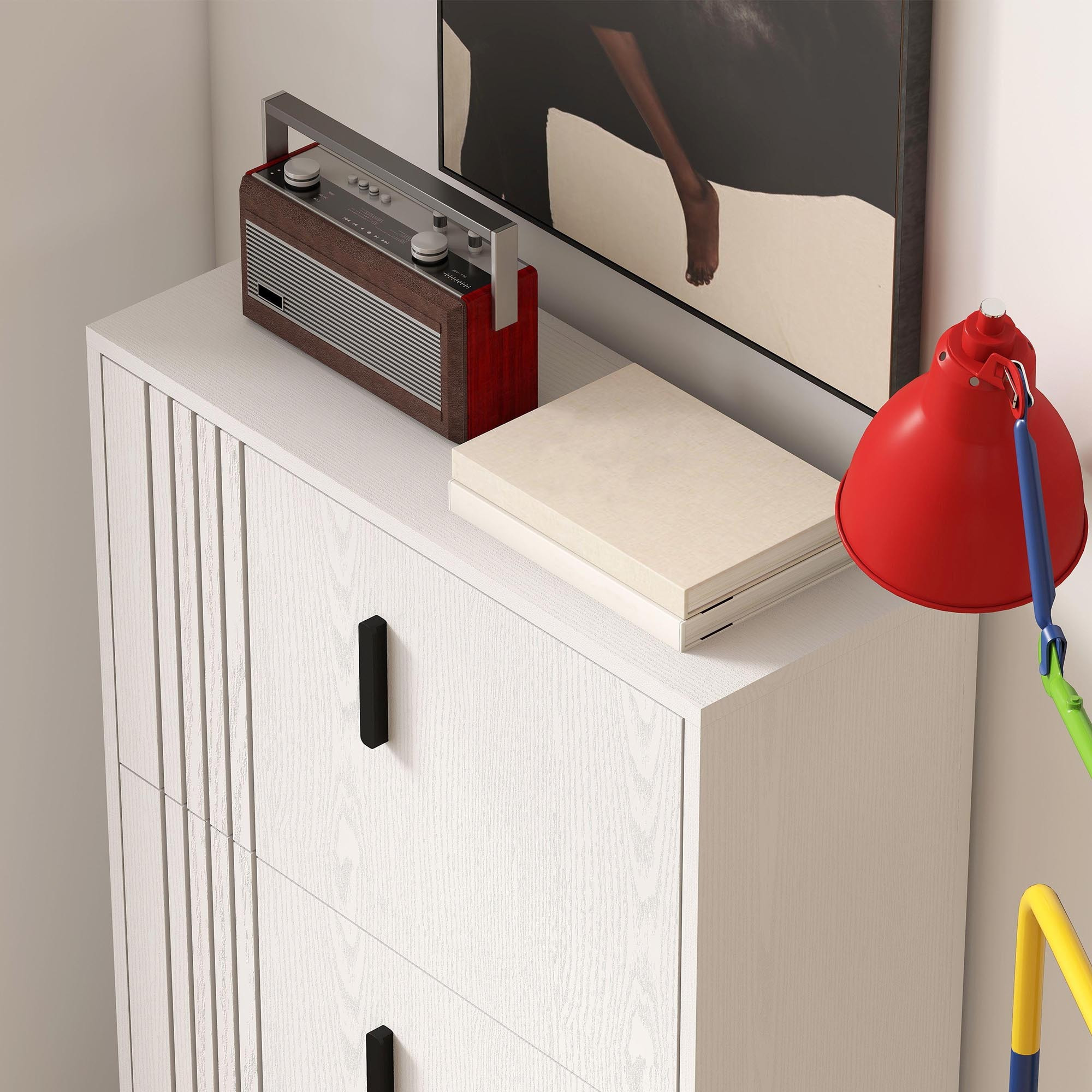 Meuble à chaussures design Urban Craft 3 portes abattantes 3 étagères poignées métal noir aspect bois blanc