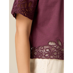Oltre - T-shirt in cotone con dettagli in macramé - Viola