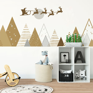 Stickers muraux Noël - Décoration chambre salon - Autocollant Sticker mural géant montagnes scandinaves MONTAGNES PÈRE NOËL ET LES RENNES