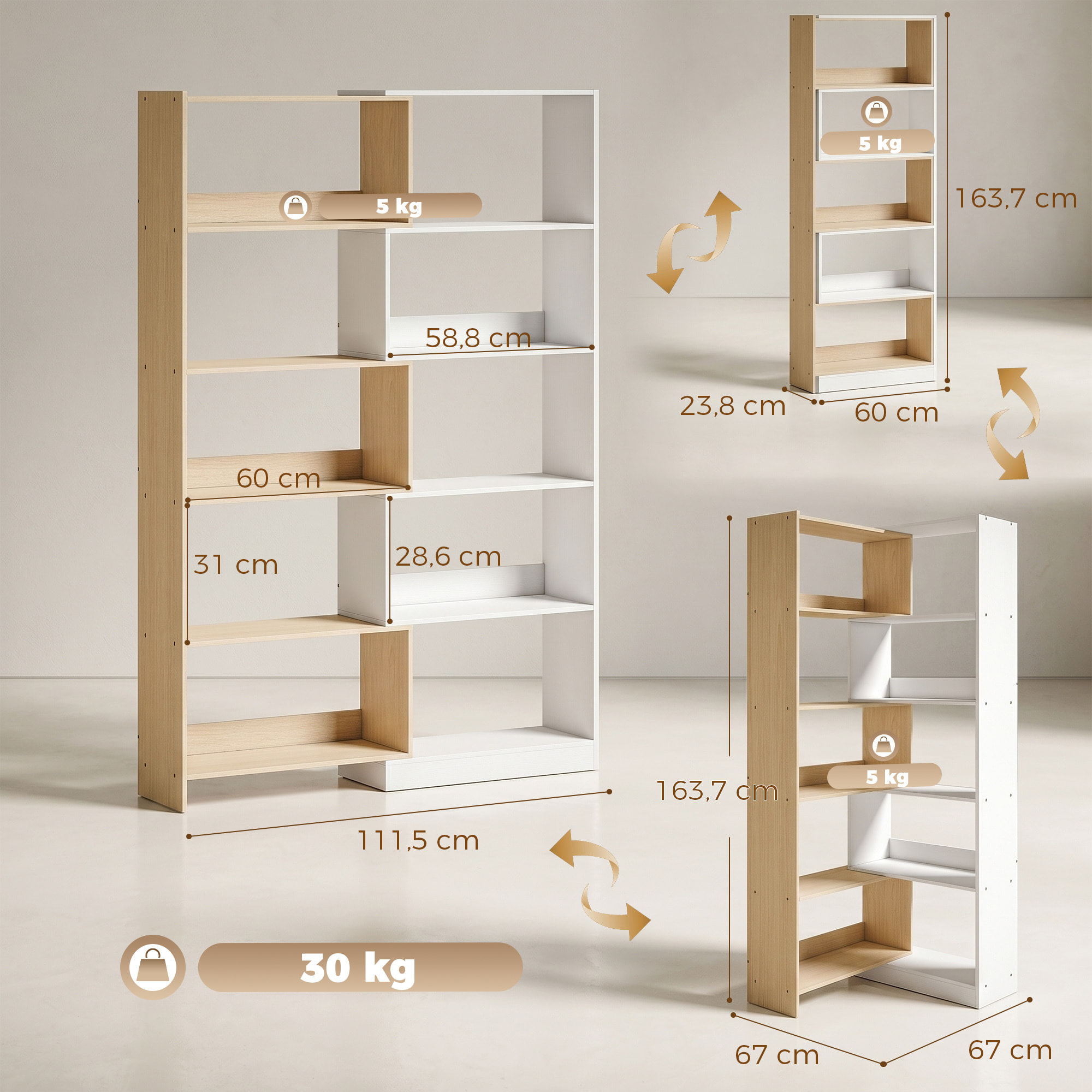 Estantería Expandible 5 Niveles, Librería para Libros Giratoria 350°, Ancho Ajustable, Convertible en en L, Recta o Compacta para Salón, Dormitorio, Estudio 111,5x23,8x163,7 cm Natural y Blanco