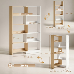 Estantería Expandible 5 Niveles, Librería para Libros Giratoria 350°, Ancho Ajustable, Convertible en en L, Recta o Compacta para Salón, Dormitorio, Estudio 111,5x23,8x163,7 cm Natural y Blanco