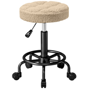 Taburete Giratorio Redondo Taburete con Ruedas Altura Regulable 50-66 cm Asiento Tapizado en Tejido de Borreguito para Salones Talleres Spa Masaje Marrón Claro