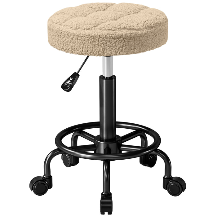 Taburete Giratorio Redondo Taburete con Ruedas Altura Regulable 50-66 cm Asiento Tapizado en Tejido de Borreguito para Salones Talleres Spa Masaje Marrón Claro