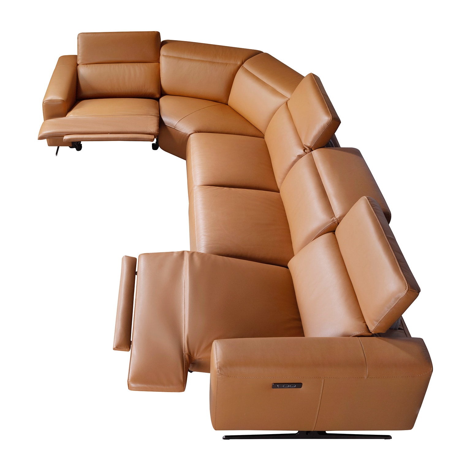 Sofá rinconera relax izquierda de 5 plazas tapizado en piel de origen vacuno en marrón con reposacabezas para garantizar una mayor comodidad patas de acero inoxidable en epoxi negro 310x310x97cm
