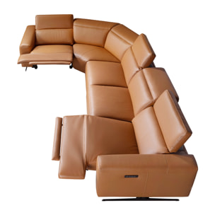 Sofá rinconera relax izquierda de 5 plazas tapizado en piel de origen vacuno en marrón con reposacabezas para garantizar una mayor comodidad patas de acero inoxidable en epoxi negro 310x310x97cm