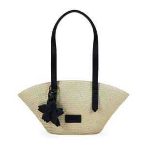 Bolso capazo beige en rafia con charm de flor