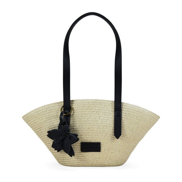 Bolso capazo beige en rafia con charm de flor