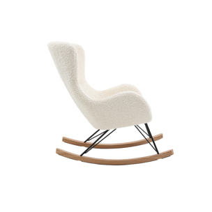 Rocking chair scandinave en tissu effet peau de mouton blanc, métal noir et bois clair  ESKUA