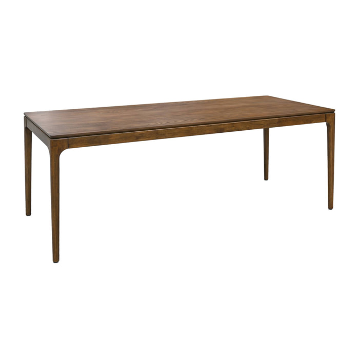 Table à manger ELENA rectangulaire en bois d'hévéa et placage frêne 200 cm. 8 chaises tissu noir. L 200 x P 90 x H 76cm