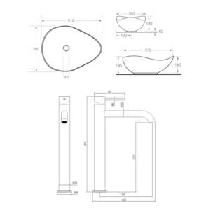 Aurum mitigeur lavabo en inox, or rose + Ceramia PixL 51x38x19 cm vasque à poser, sans trop-plein, blanc (SAT285BRGCEPX5038)