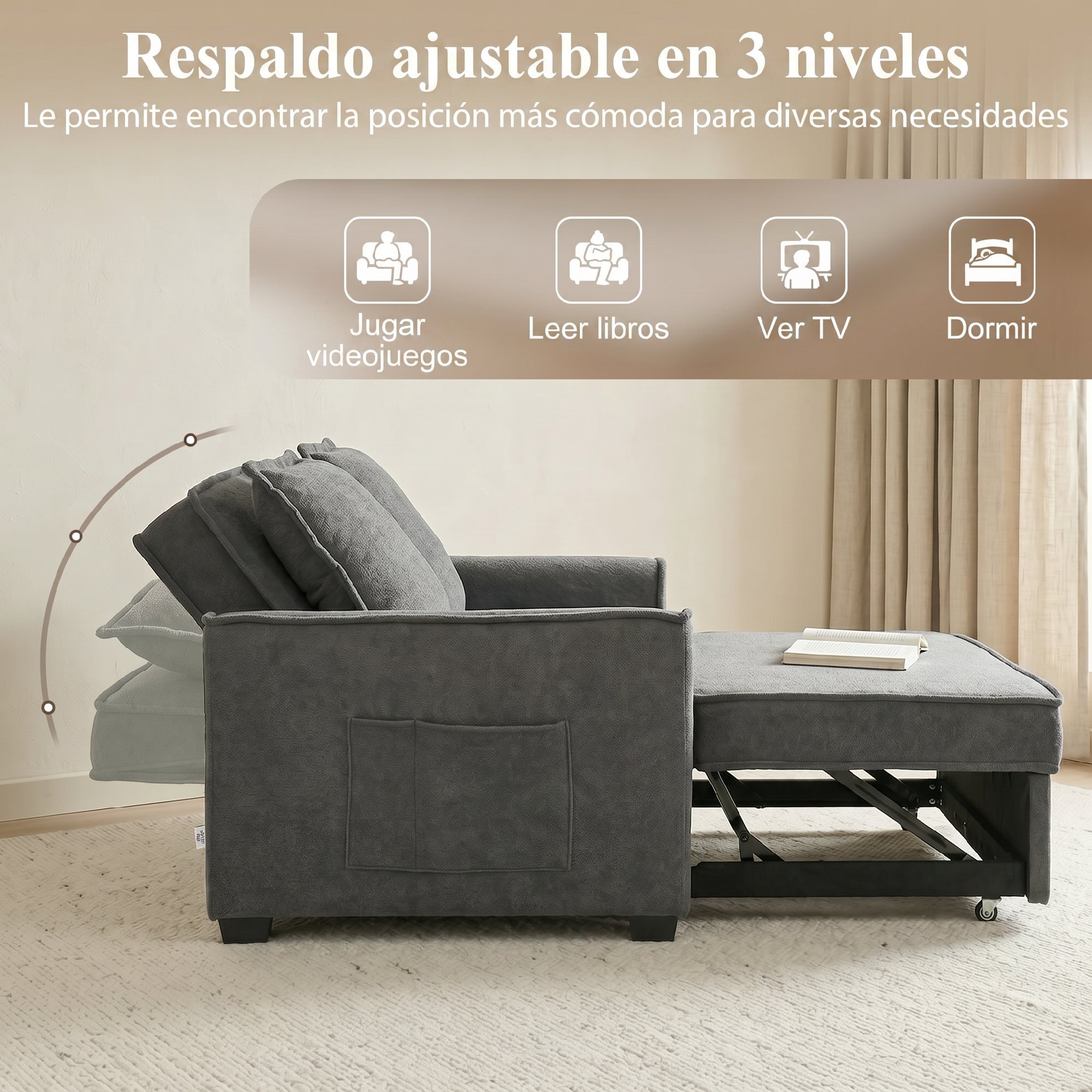 Sofá Cama 2 Plazas 3 en 1, Sofá Cama de Tejido Rizo con Respaldo Ajustable 3 Niveles, Bolsillos Laterales, 2 Almohadas con Fundas Extraíbles para Sala de Estar, Espacios Pequeños, Gris Oscuro